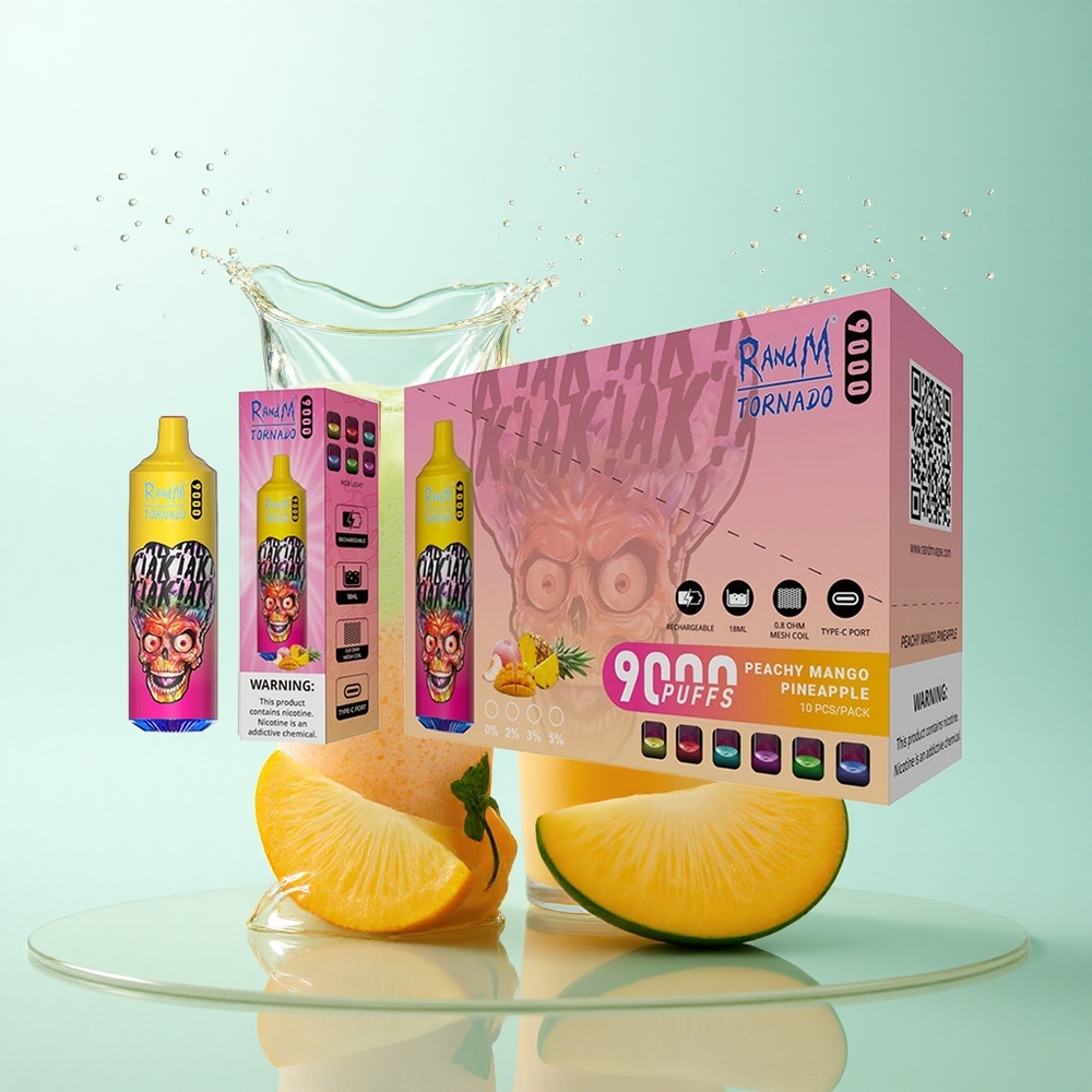 RandM Fumot Tornado 9000 Puffs Peachy Mango Pineapple 18mL Mesh Coil RGB Display