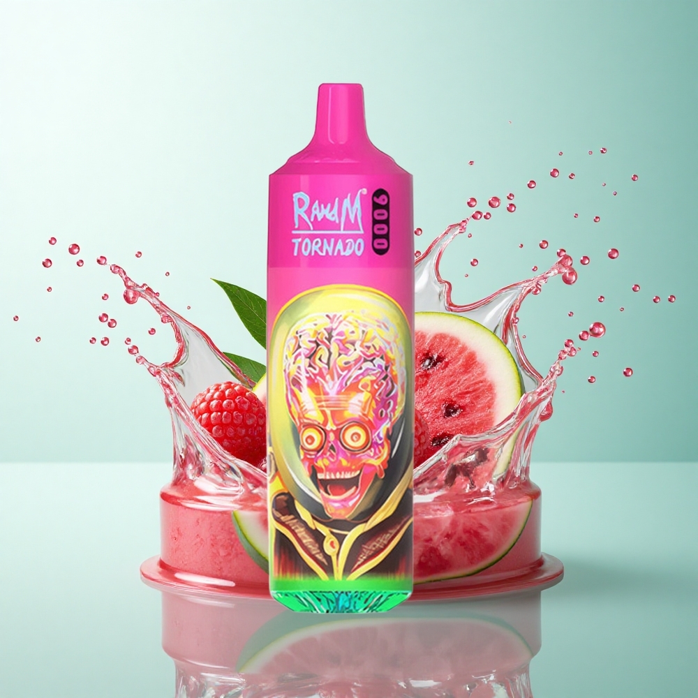 RandM Fumot Tornado 9000 Puffs Raspberry Watermelon Mesh Coil 18mL RGB Display