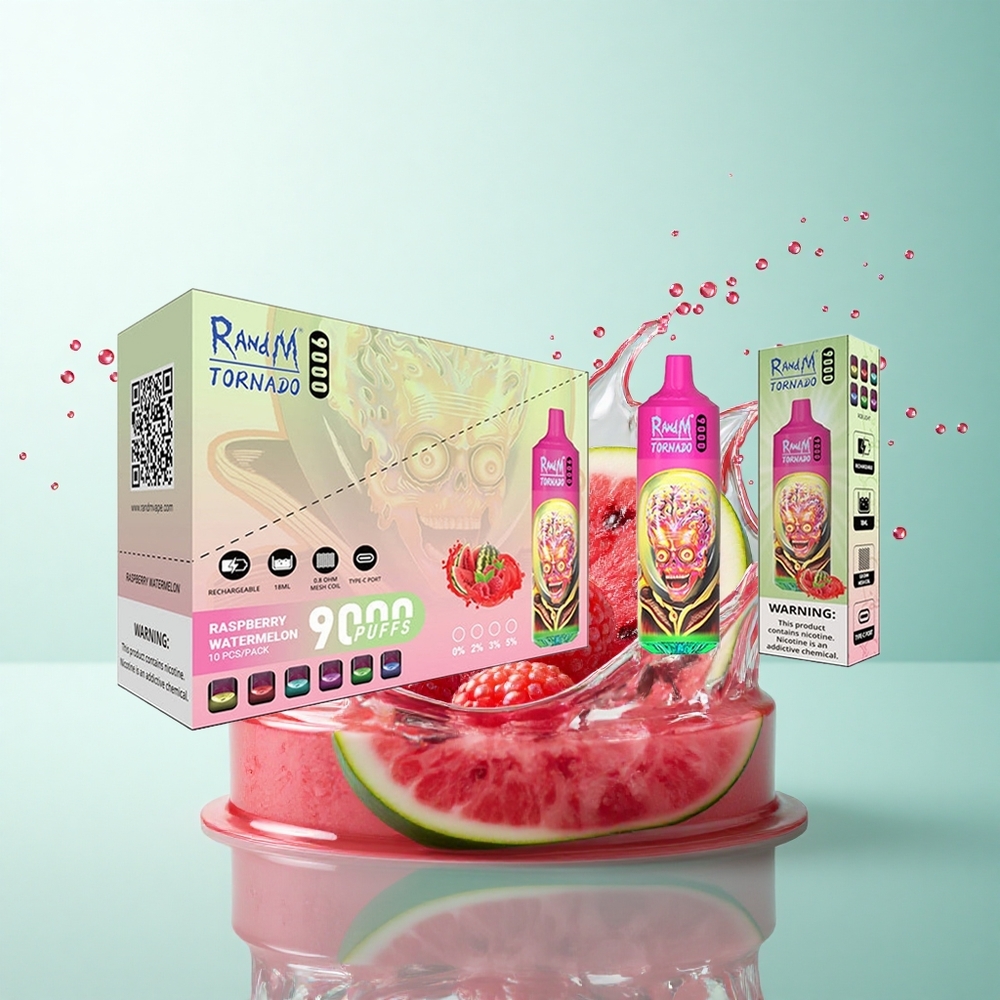 RandM Fumot Tornado 9000 Puffs Raspberry Watermelon Mesh Coil 18mL RGB Display