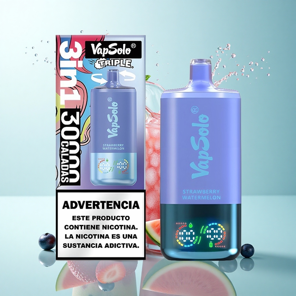 Vapsolo Triple 30000 Puffs Strawberry Watermelon & Blueberry Ice with 40ml E-Liquid and 20mg Nicotine
