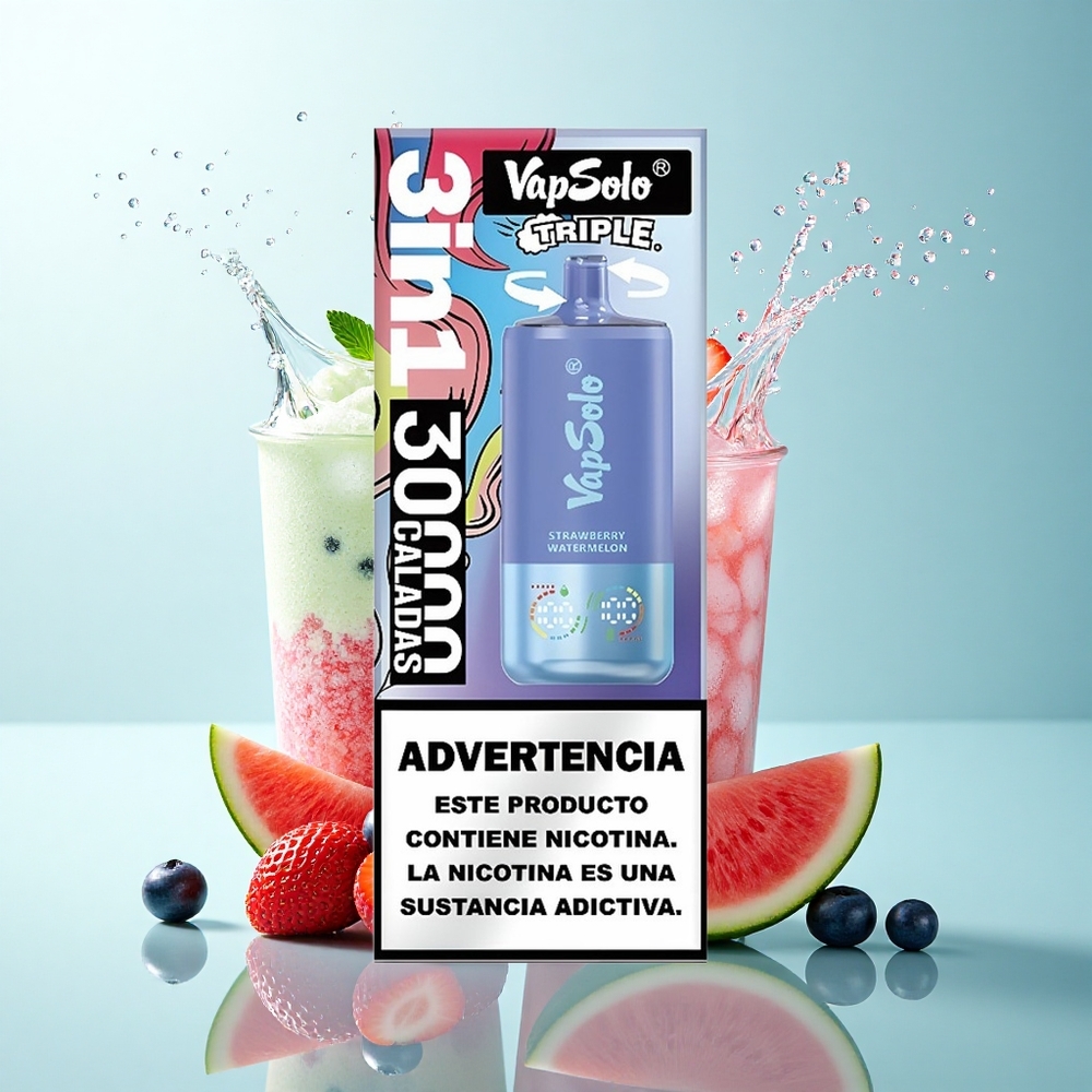 Vapsolo Triple 30000 Puffs Strawberry Watermelon & Blueberry Ice with 40ml E-Liquid and 20mg Nicotine