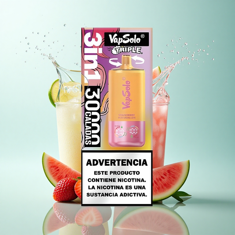 Vapsolo Triple 30000 Puffs Strawberry Watermelon & Lemon Peach 40ml Nicotine 20mg/ml Type-C